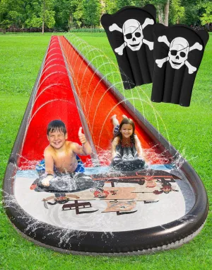 JAMBO 22Ft Water Slide and 2 Bodyboards, Extra Long Heavy Duty Slip Splash and Slide with Inflatable Bumpers, Pirate Splash Mat Water Sprinkler, Outdoor Water Toys, Summer n Toy, Splash Pad