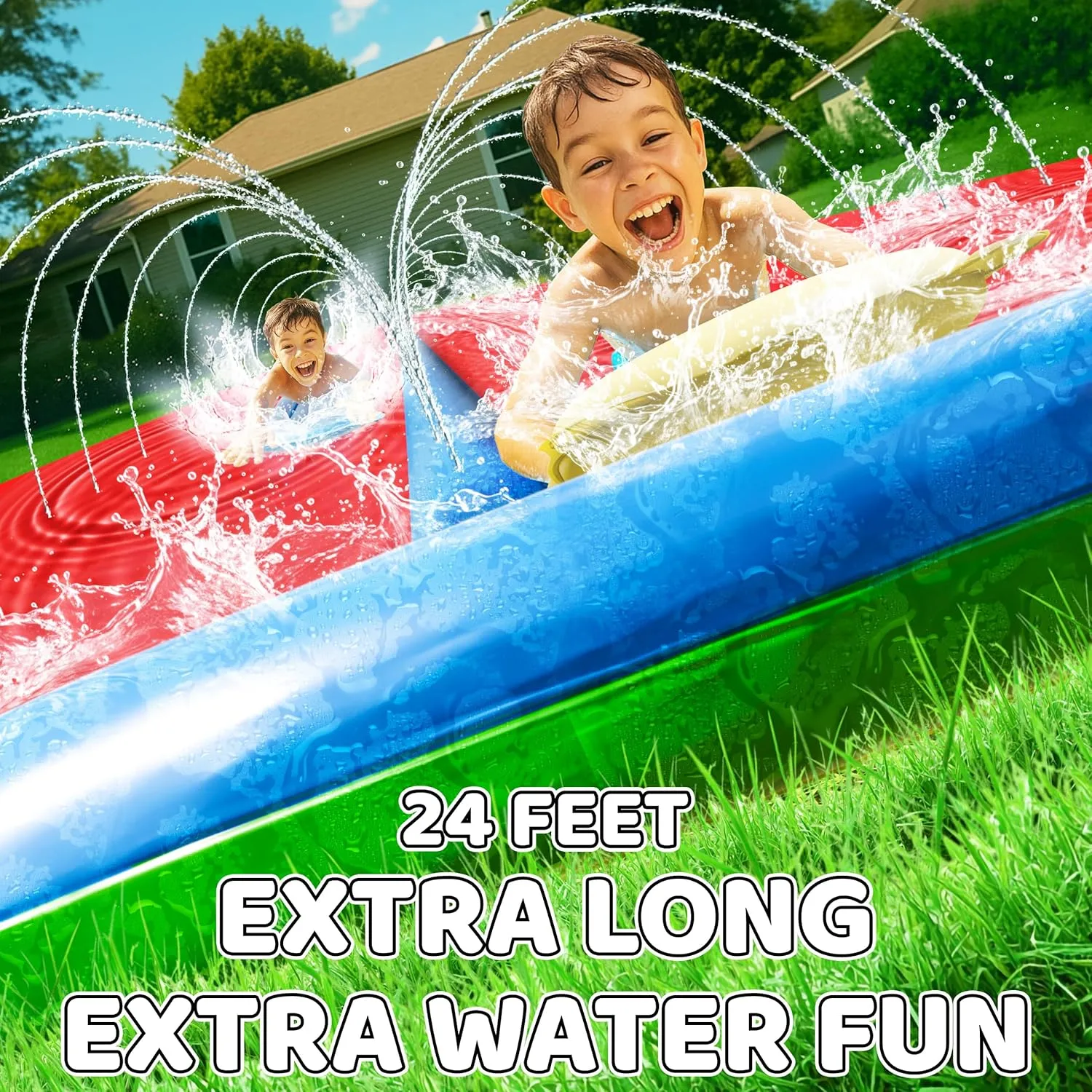 JAMBO 24Ft XL Slip Splash and Slide and 2 Bodyboards, Heavy Duty Lawn Water Slide, Summer Water Toy with Sprinkler for Backyard Outdoor Water Fun n Toys for Kids, Splash Mat Splash Pad