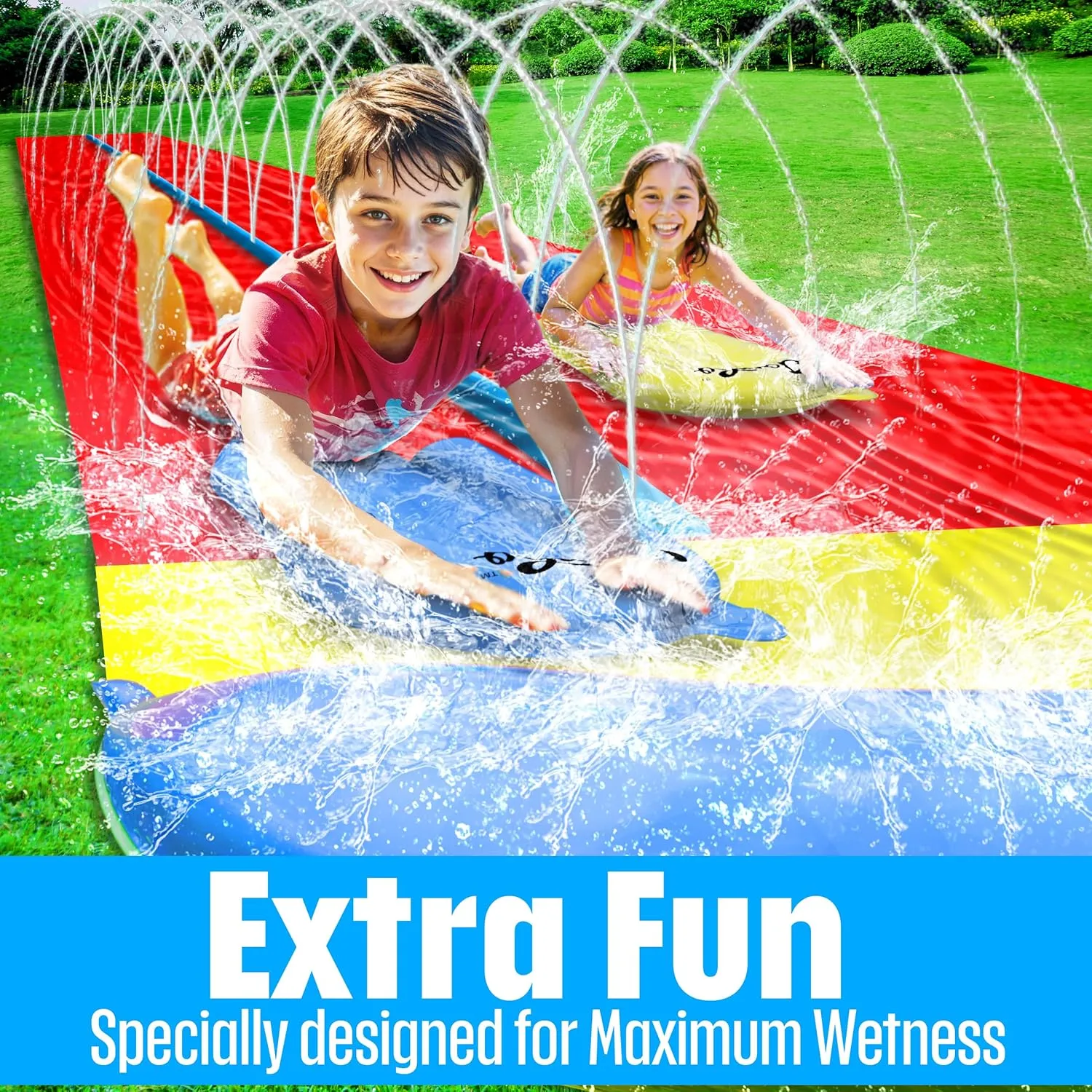JAMBO 24Ft XL Slip Splash and Slide and 2 Bodyboards, Heavy Duty Lawn Water Slide, Summer Water Toy with Sprinkler for Backyard Outdoor Water Fun n Toys for Kids, Splash Mat Splash Pad