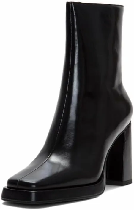 Jeffrey Campbell Maximal-Lo Black Leather Block Heel Side Zipper Ankle Booties