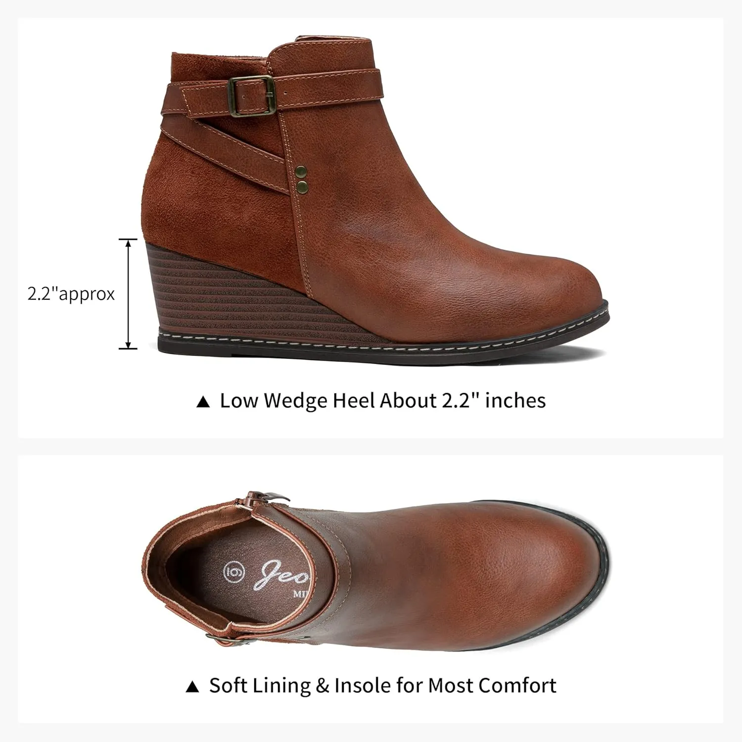Jeossy Women's 9636 Low Wedge Boots, Comfortable Ankle Wedge Booties with Side Zipper
