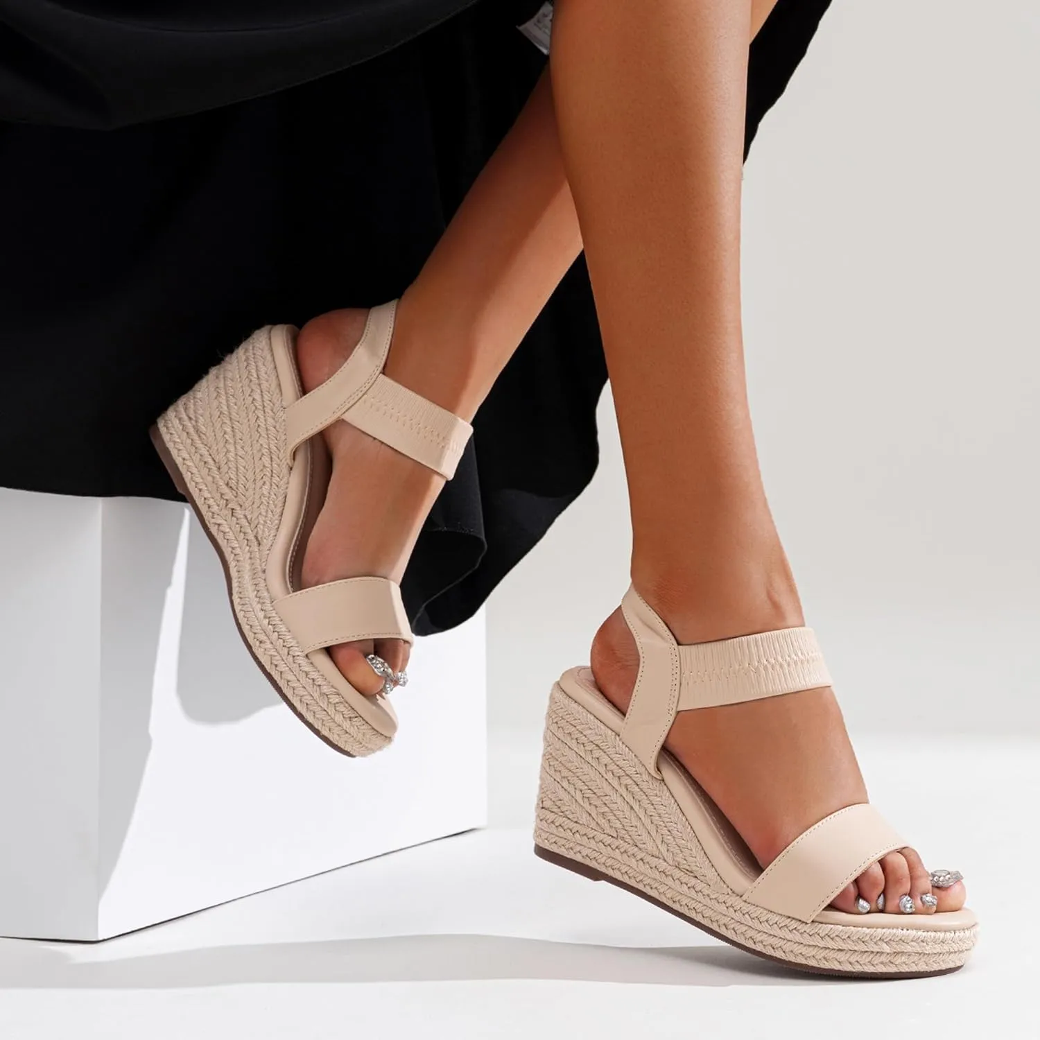 Jeossy Women's Wedge Platform Black Sandals, Espadrille Comfort Elastic Ankle Strap 8801 Sandals