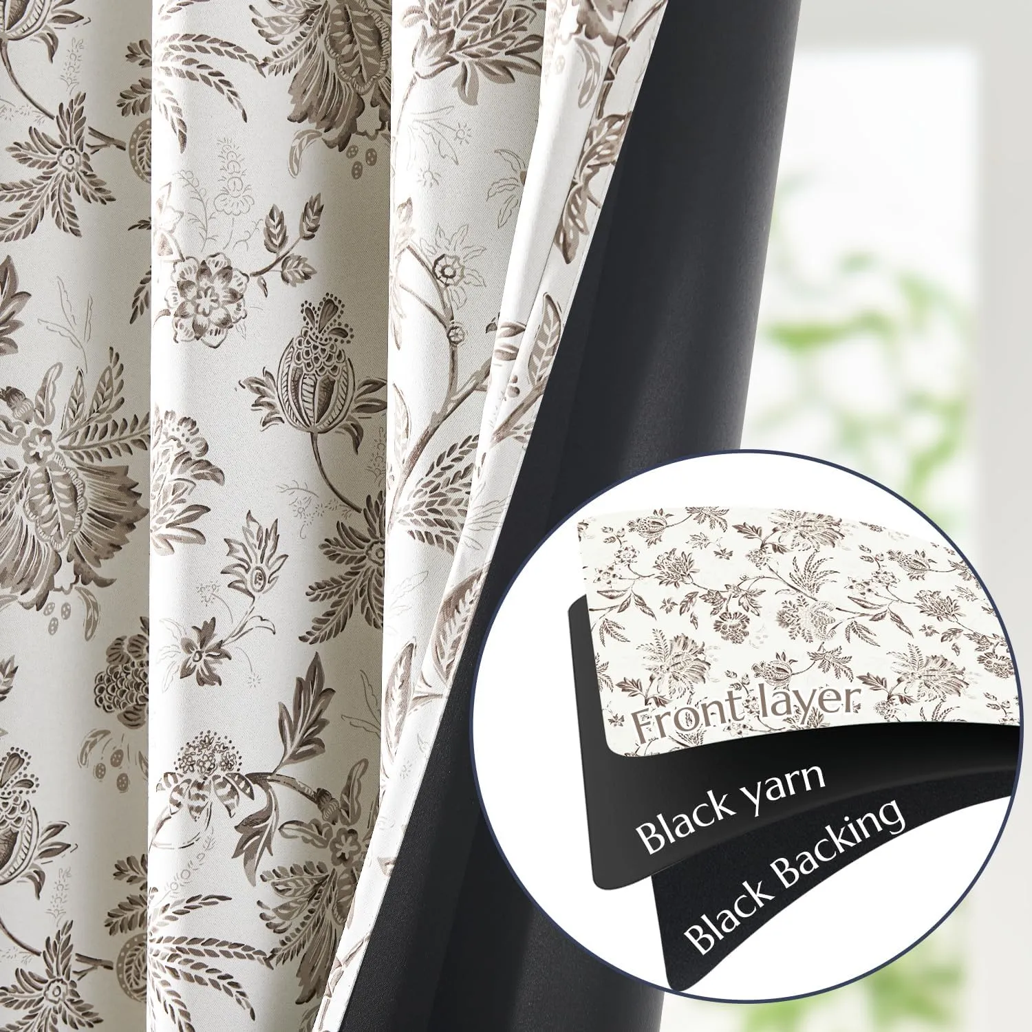jinchan 100% Blackout Floral Curtains for Bedroom, 84 Inches Long Printed Flower Black Out Curtains, French Country Back Tab Taupe Window Treatment Farmhouse Drapes Set 2 Panels Taupe