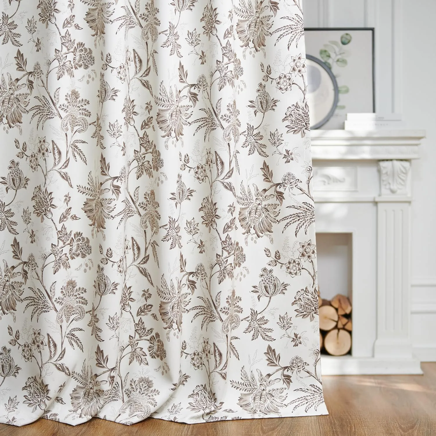 jinchan 100% Blackout Floral Curtains for Bedroom, 84 Inches Long Printed Flower Black Out Curtains, French Country Back Tab Taupe Window Treatment Farmhouse Drapes Set 2 Panels Taupe