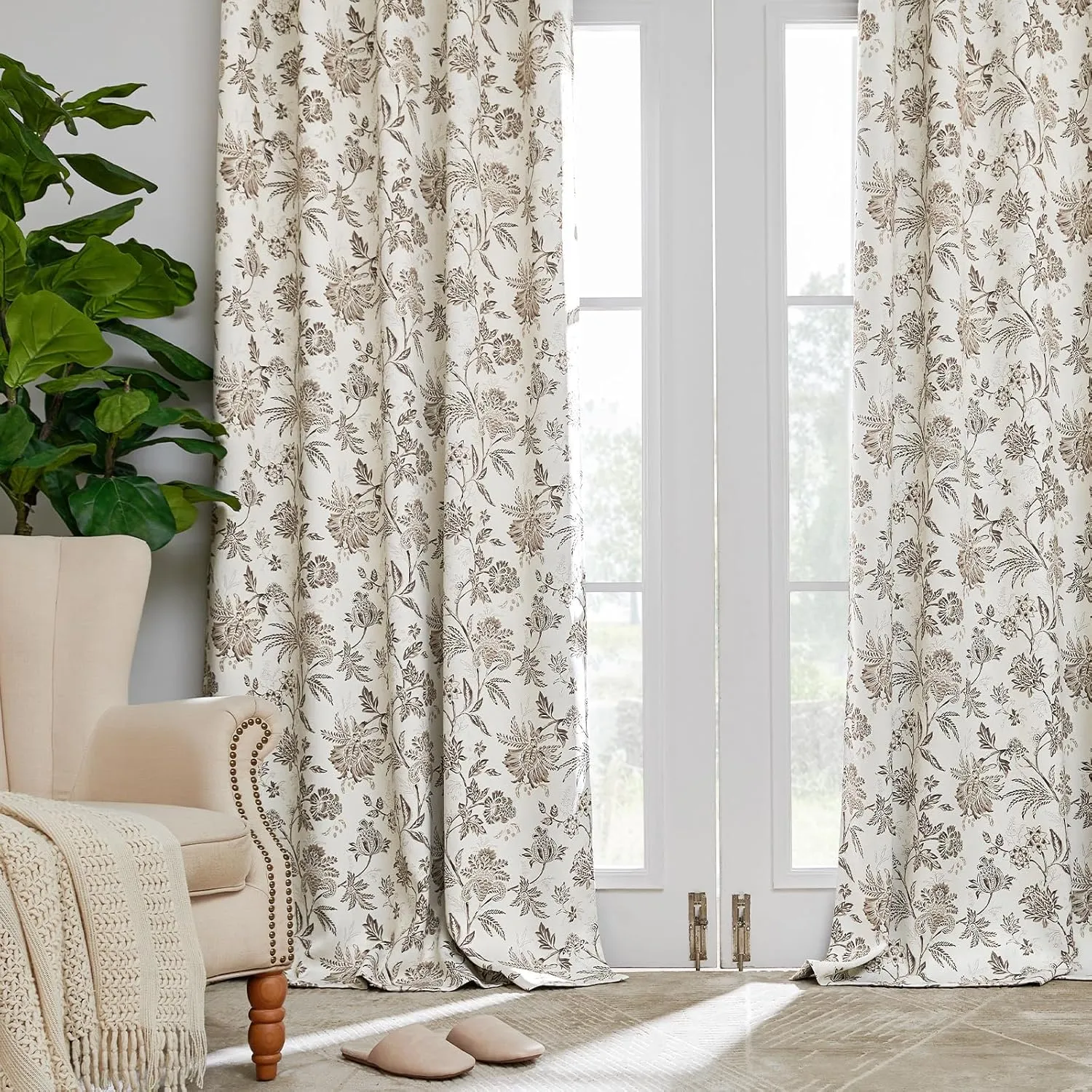 jinchan 100% Blackout Floral Curtains for Bedroom, 84 Inches Long Printed Flower Black Out Curtains, French Country Back Tab Taupe Window Treatment Farmhouse Drapes Set 2 Panels Taupe
