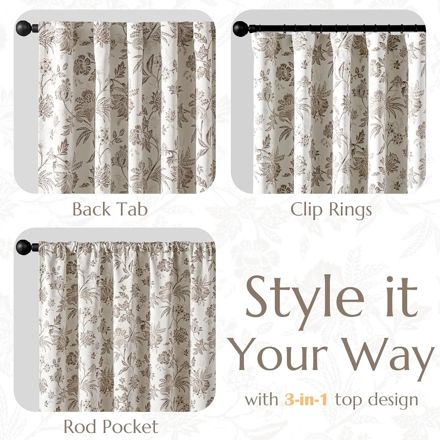jinchan 100% Blackout Floral Curtains for Bedroom, 84 Inches Long Printed Flower Black Out Curtains, French Country Back Tab Taupe Window Treatment Farmhouse Drapes Set 2 Panels Taupe