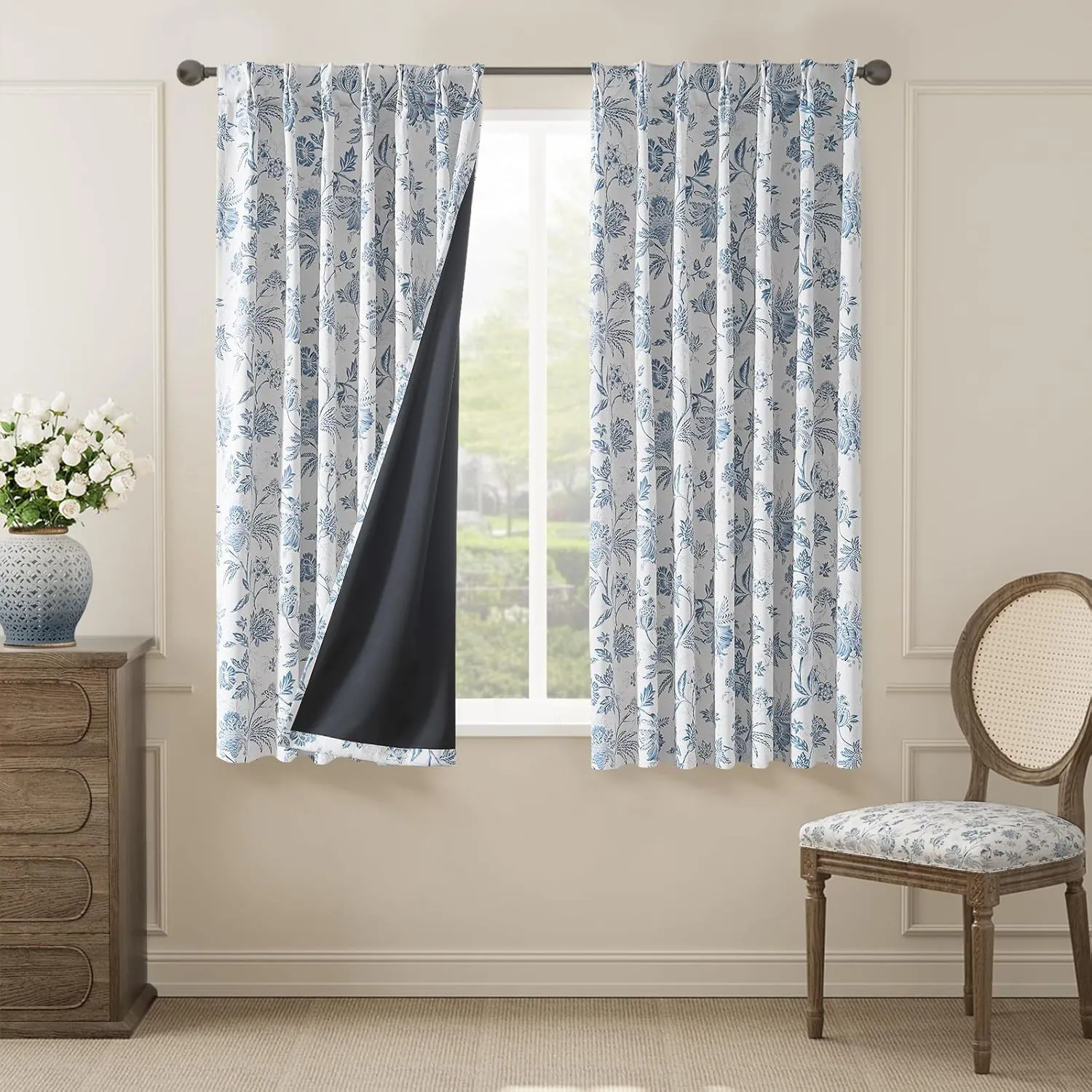 jinchan Pinch Pleated Curtains 100% Blackout Floral Curtains for Bedroom Printed Flower Black Out Curtains, 63 Inches Long Curtains, Back Tab Blue Window Curtains Drapes with Hooks Set 2 Panels
