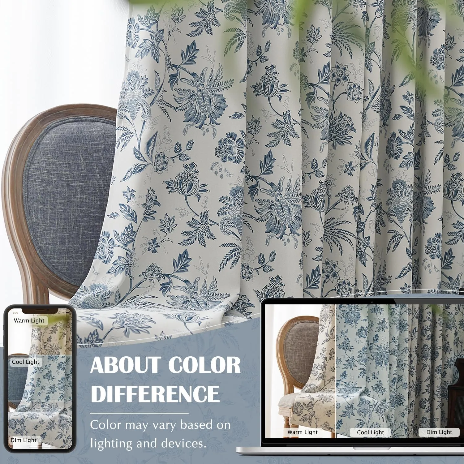 jinchan Pinch Pleated Curtains 100% Blackout Floral Curtains for Bedroom Printed Flower Black Out Curtains, 63 Inches Long Curtains, Back Tab Blue Window Curtains Drapes with Hooks Set 2 Panels