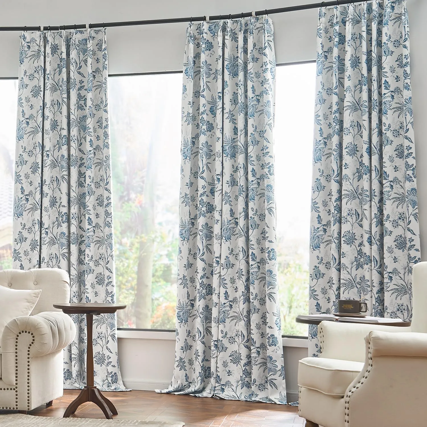 jinchan Pinch Pleated Curtains 100% Blackout Floral Curtains for Bedroom Printed Flower Black Out Curtains, 63 Inches Long Curtains, Back Tab Blue Window Curtains Drapes with Hooks Set 2 Panels