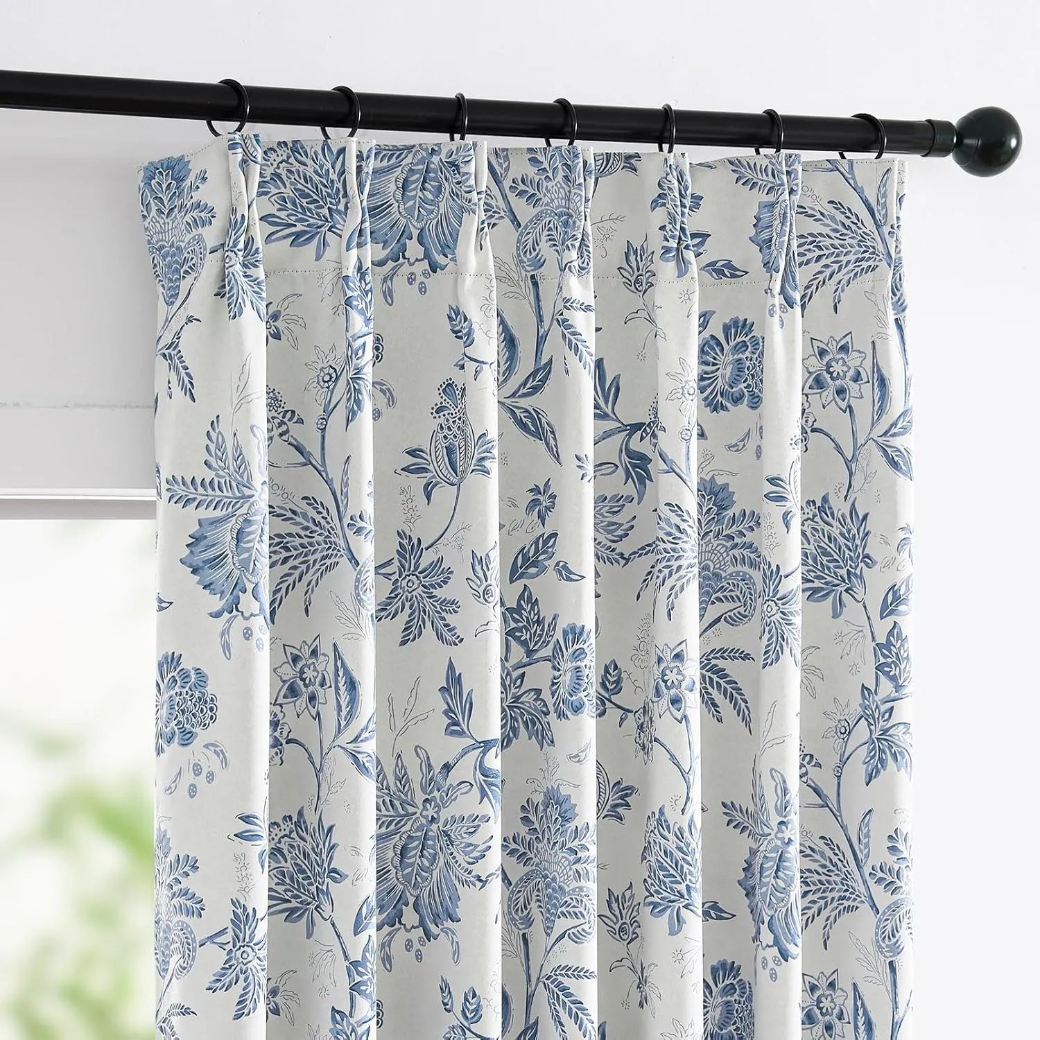 jinchan Pinch Pleated Curtains 100% Blackout Floral Curtains for Bedroom Printed Flower Black Out Curtains, 63 Inches Long Curtains, Back Tab Blue Window Curtains Drapes with Hooks Set 2 Panels