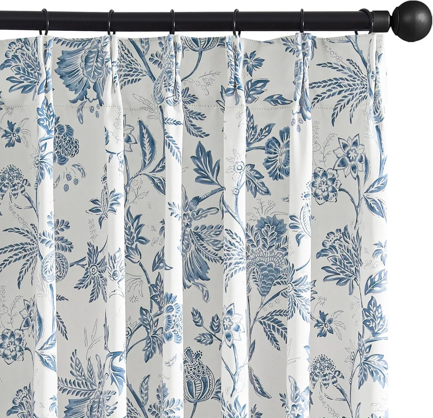 jinchan Pinch Pleated Curtains 100% Blackout Floral Curtains for Bedroom Printed Flower Black Out Curtains, 63 Inches Long Curtains, Back Tab Blue Window Curtains Drapes with Hooks Set 2 Panels