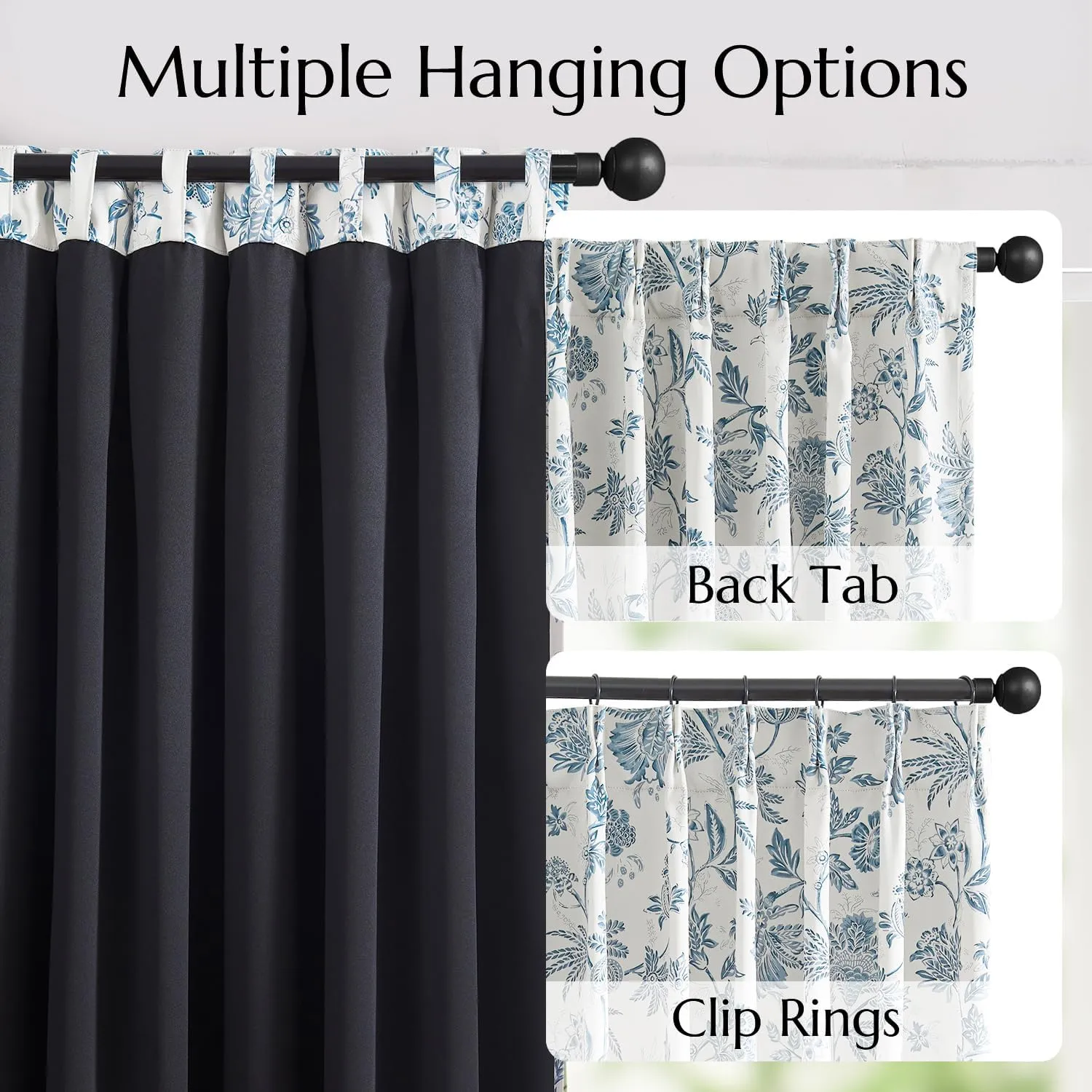 jinchan Pinch Pleated Curtains 100% Blackout Floral Curtains for Bedroom Printed Flower Black Out Curtains, 63 Inches Long Curtains, Back Tab Blue Window Curtains Drapes with Hooks Set 2 Panels