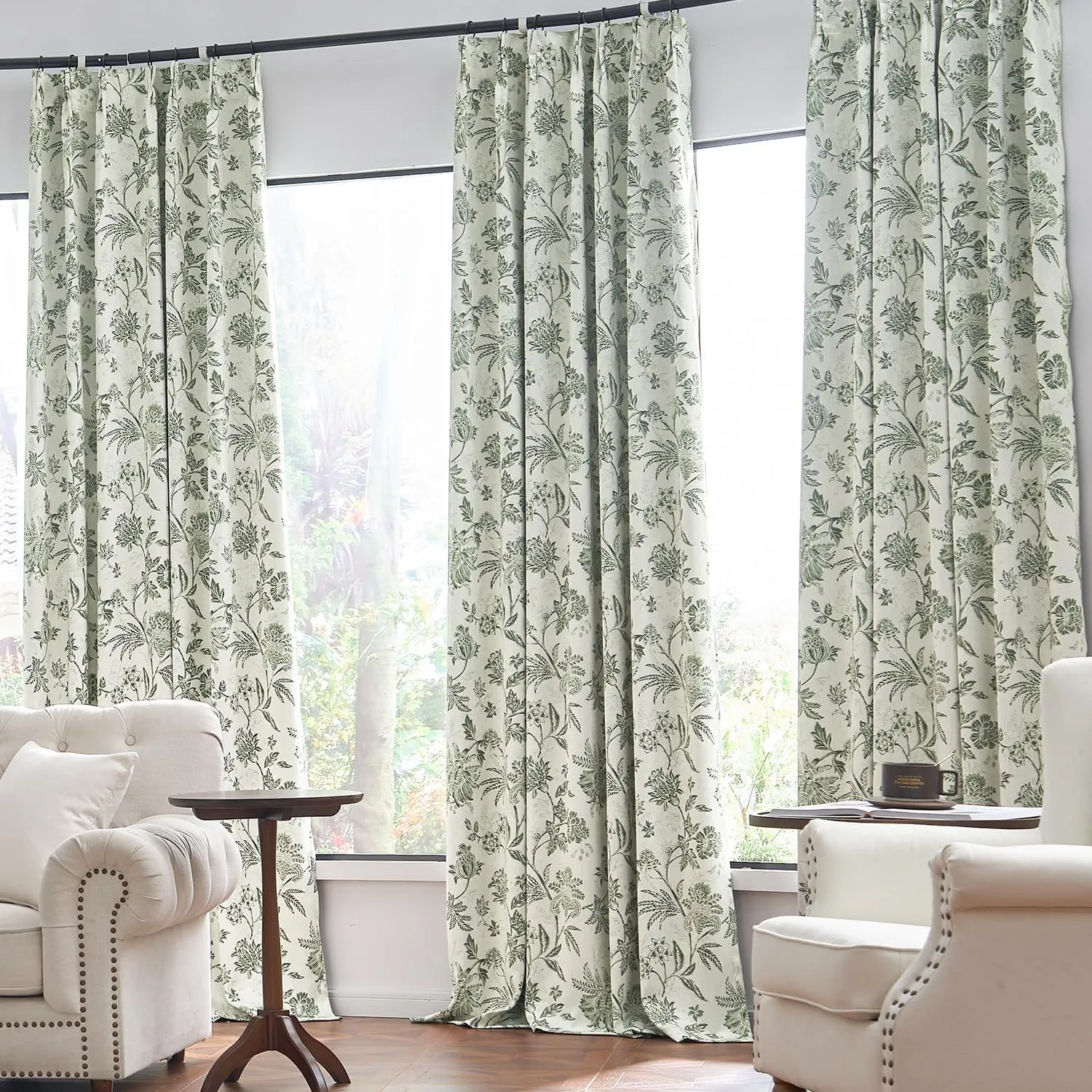 jinchan Pinch Pleated Curtains 100% Blackout Floral Curtains for Bedroom Printed Flower Black Out Curtains, 63 Inches Long Curtains, Back Tab Sage Green Window Curtains Drapes with Hooks Set 2 Panels