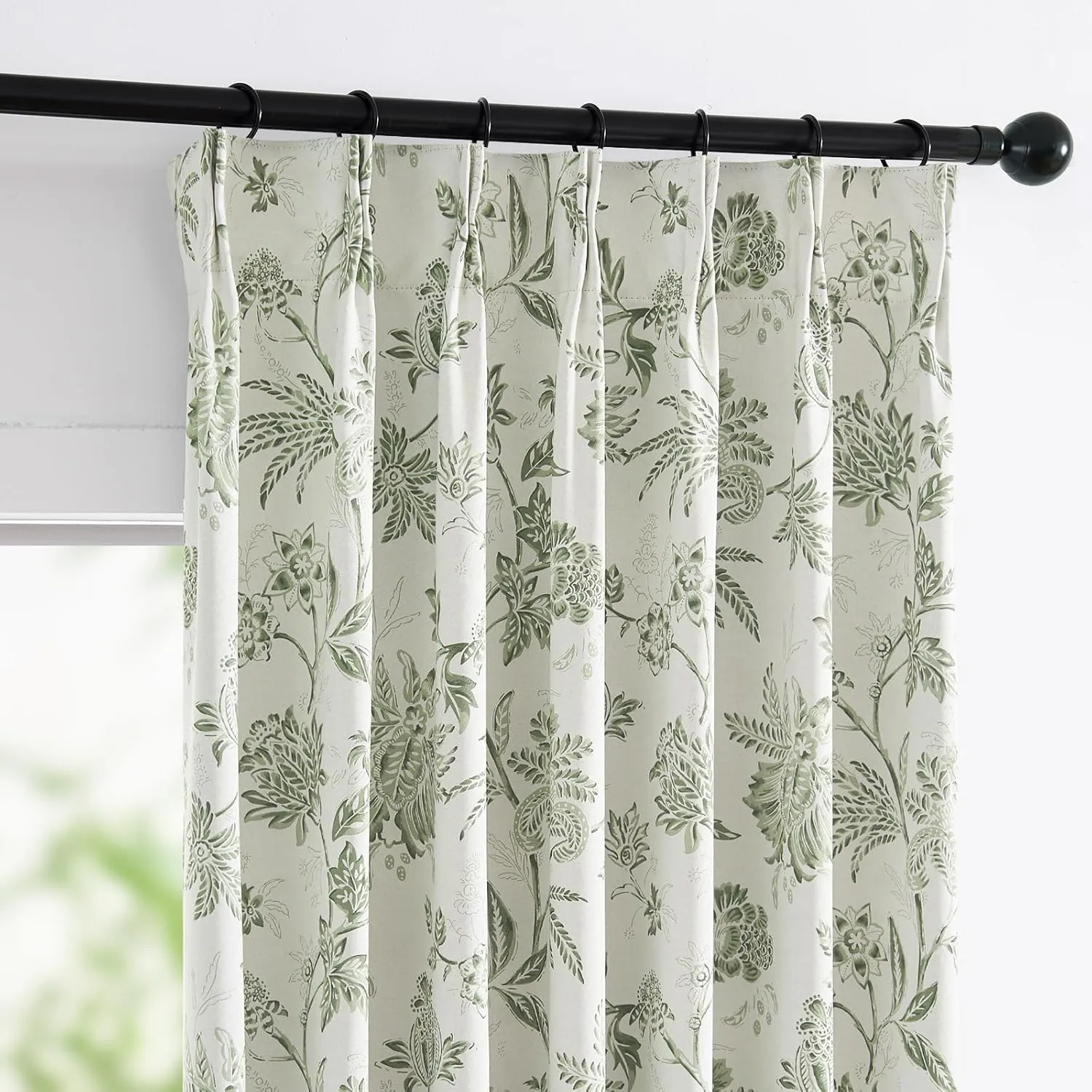 jinchan Pinch Pleated Curtains 100% Blackout Floral Curtains for Bedroom Printed Flower Black Out Curtains, 63 Inches Long Curtains, Back Tab Sage Green Window Curtains Drapes with Hooks Set 2 Panels