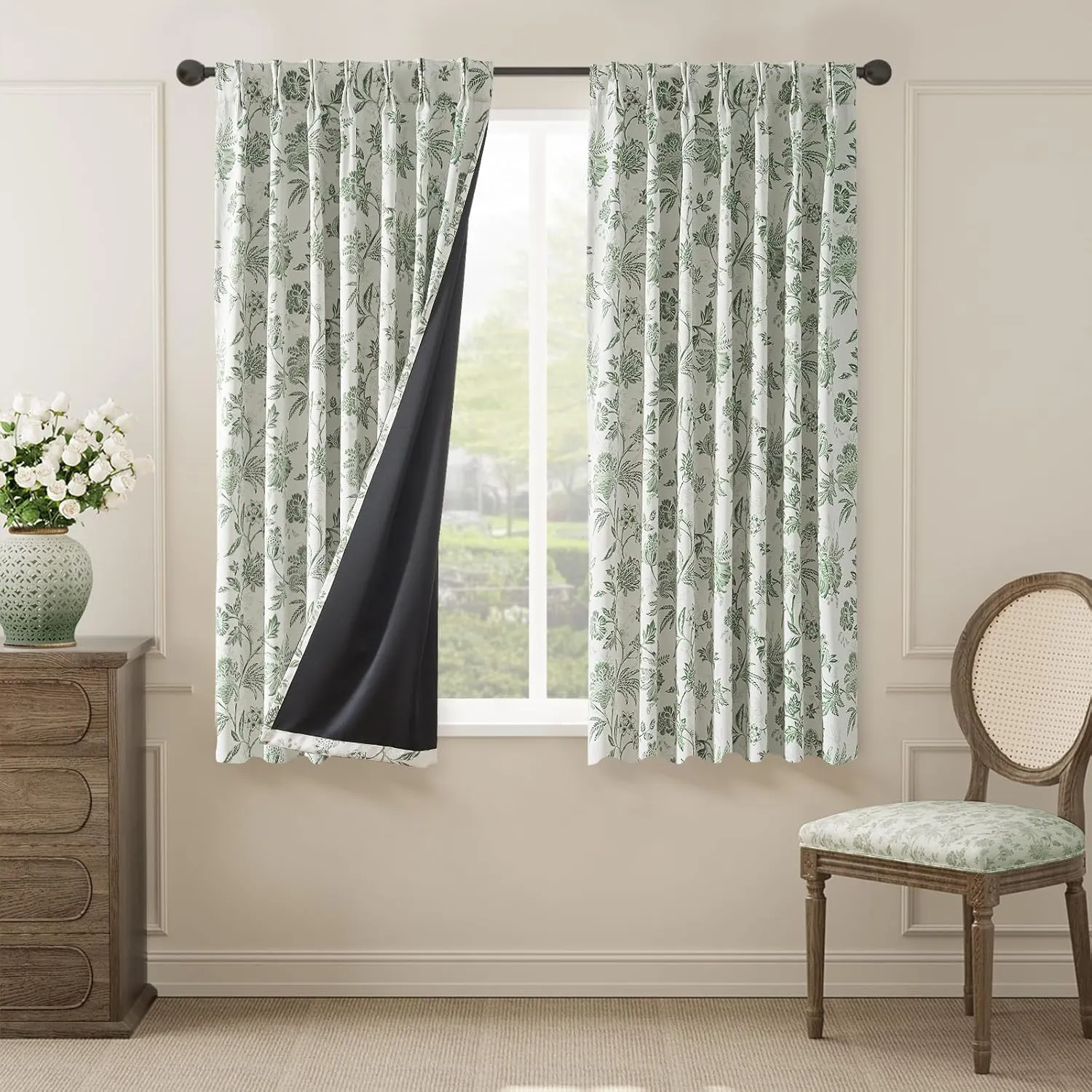 jinchan Pinch Pleated Curtains 100% Blackout Floral Curtains for Bedroom Printed Flower Black Out Curtains, 63 Inches Long Curtains, Back Tab Sage Green Window Curtains Drapes with Hooks Set 2 Panels