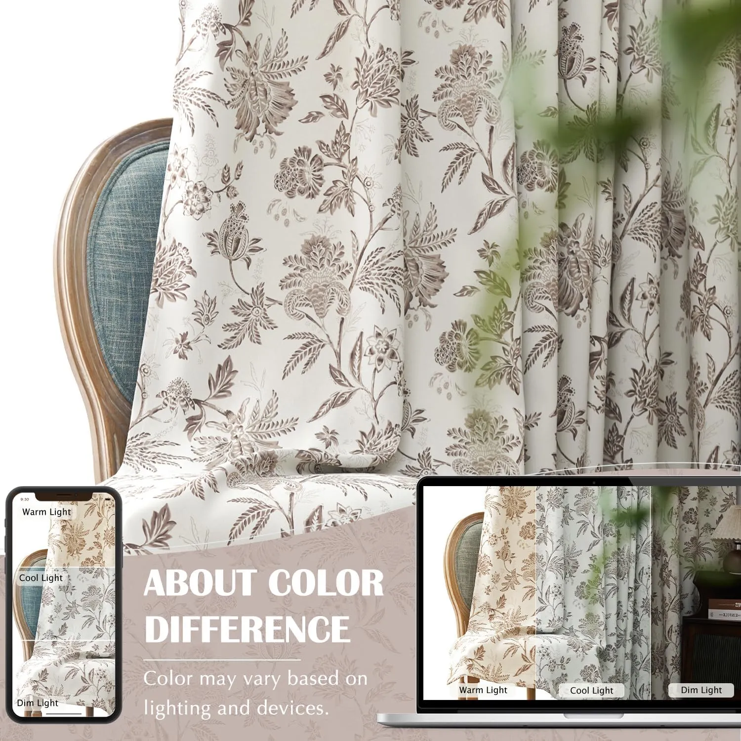 jinchan Pinch Pleated Curtains 100% Blackout Floral Curtains for Bedroom Printed Flower Black Out Curtains, 63 Inches Long Curtains, Back Tab Taupe Window Curtains Drapes with Hooks Set 2 Panels