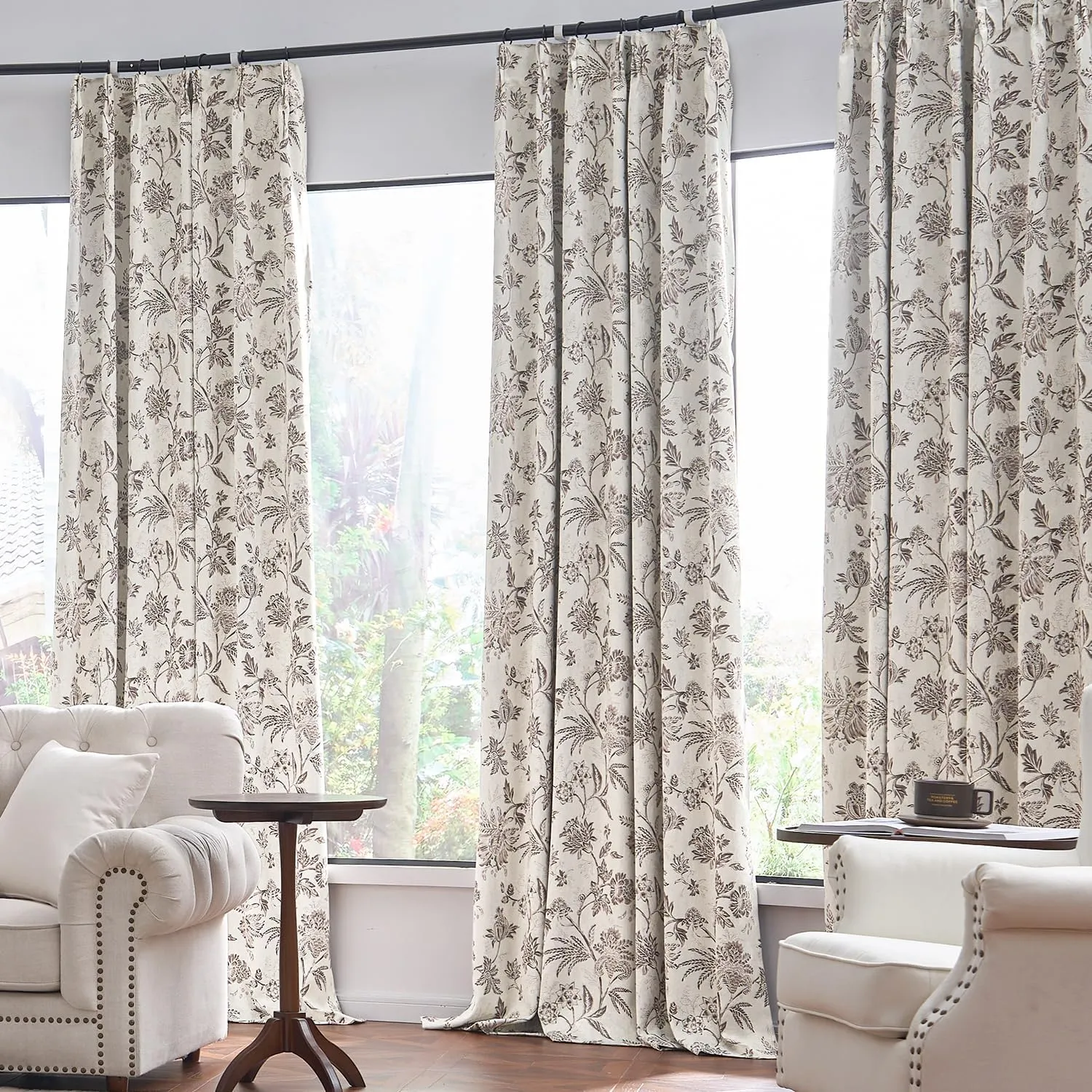 jinchan Pinch Pleated Curtains 100% Blackout Floral Curtains for Bedroom Printed Flower Black Out Curtains, 63 Inches Long Curtains, Back Tab Taupe Window Curtains Drapes with Hooks Set 2 Panels