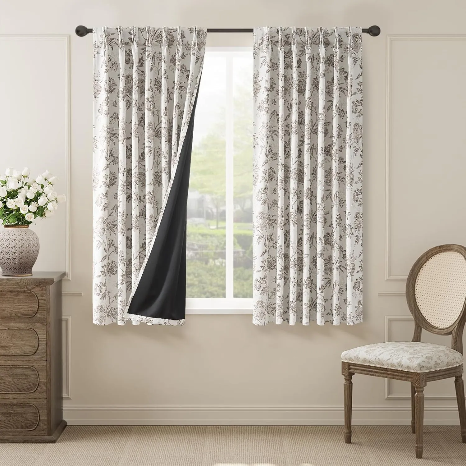 jinchan Pinch Pleated Curtains 100% Blackout Floral Curtains for Bedroom Printed Flower Black Out Curtains, 63 Inches Long Curtains, Back Tab Taupe Window Curtains Drapes with Hooks Set 2 Panels