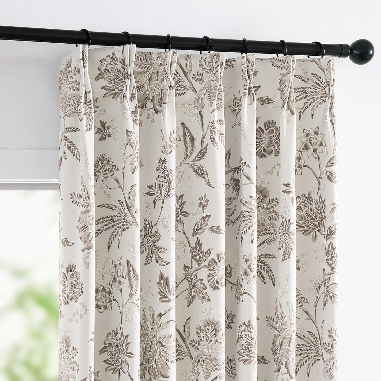 jinchan Pinch Pleated Curtains 100% Blackout Floral Curtains for Bedroom Printed Flower Black Out Curtains, 63 Inches Long Curtains, Back Tab Taupe Window Curtains Drapes with Hooks Set 2 Panels