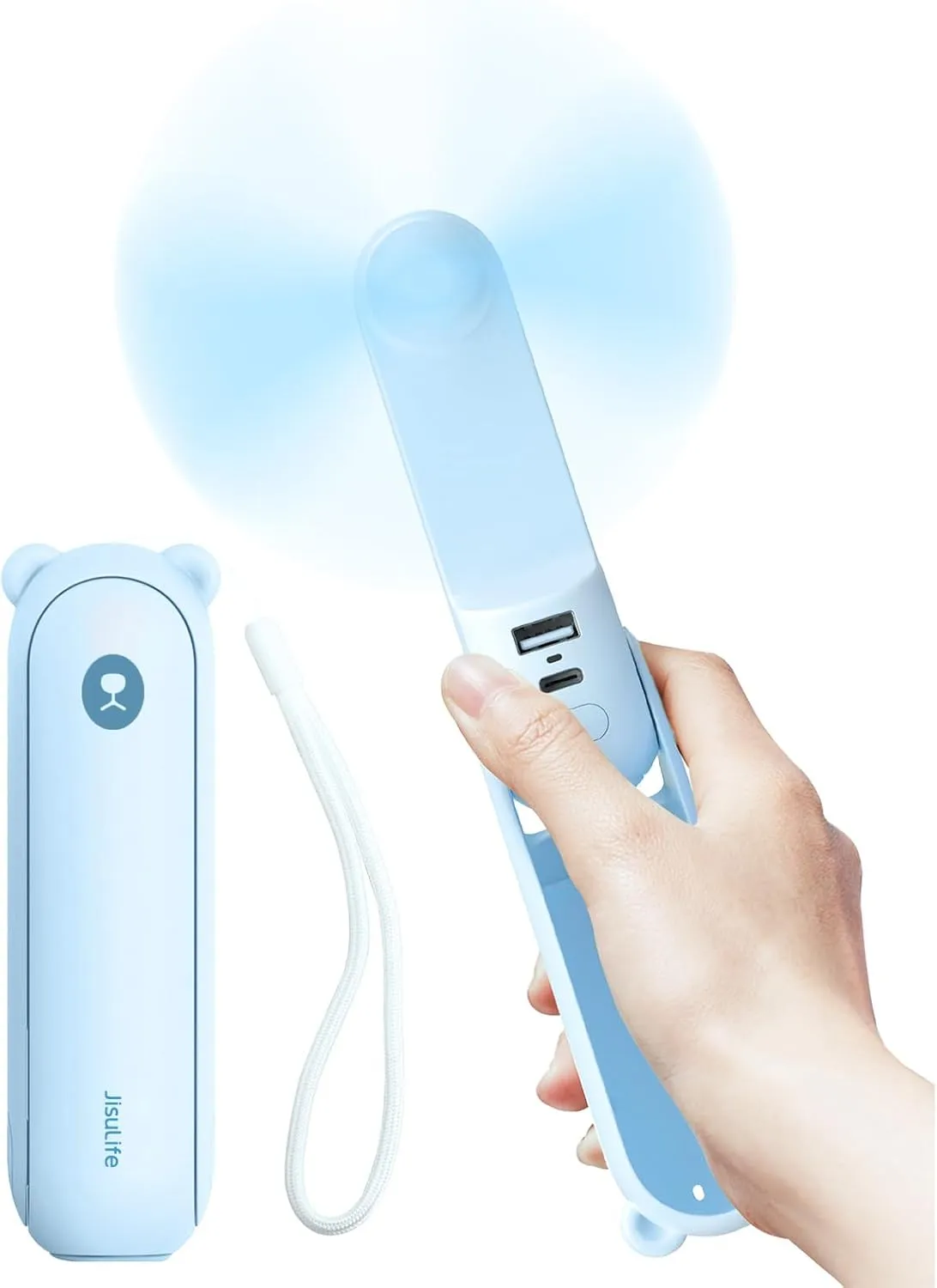 JISULIFE Handheld Fan with 4500 mAh Powerbank Max 37 Hours Runtime, Pocket Portable Battery Operated or USB Powered Folding Personal Fan, 3 Speeds, Gifts for Women Men Kids Gift for Festival-Blue