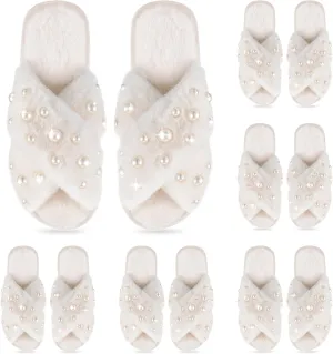 Jiuguva 6 Pairs Bride Slippers for Wedding Fuzzy Pearl Bride Slippers for Women Bridesmaid Bachelorette(7-8, White)