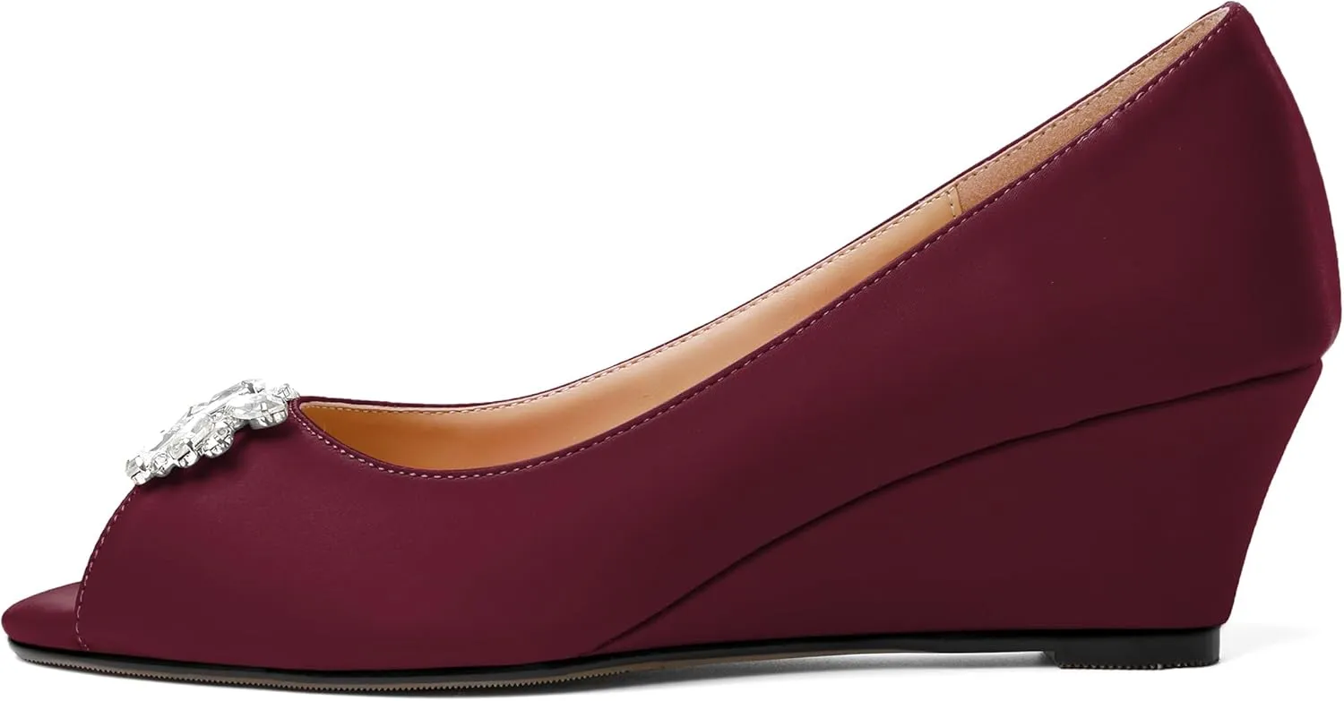 Joseywade Peep Toe Wedges Heels Pumps Low Wedge Heels 2 Inch Rhinstone Womens Slip On Pumps