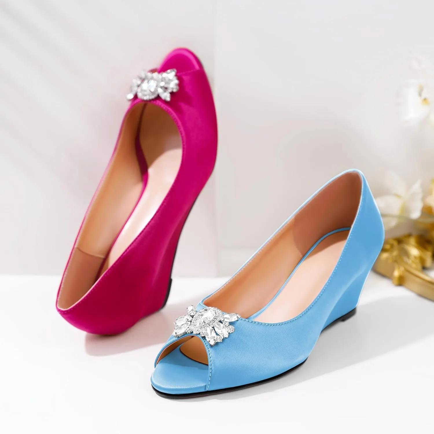 Joseywade Peep Toe Wedges Heels Pumps Low Wedge Heels 2 Inch Rhinstone Womens Slip On Pumps
