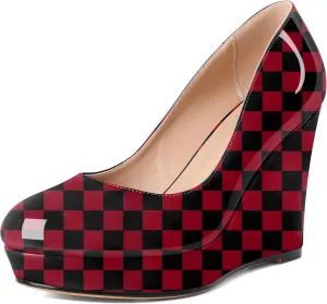 Joseywade Wedge Pumps for Women Platform Heels Round Toe Heels Slip On Wedge High Heels Dress Shoes 4 Inch