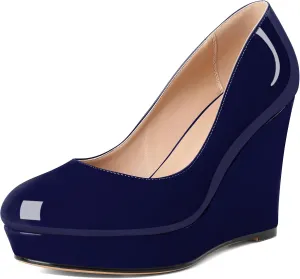 Joseywade Wedge Pumps for Women Platform Heels Round Toe Heels Slip On Wedge High Heels Dress Shoes 4 Inch
