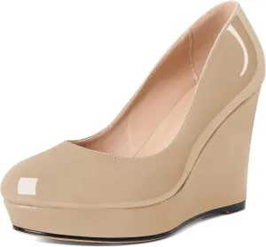 Joseywade Wedge Pumps for Women Platform Heels Round Toe Heels Slip On Wedge High Heels Dress Shoes 4 Inch
