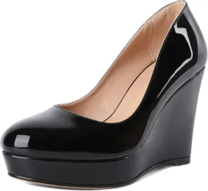 Joseywade Wedge Pumps for Women Platform Heels Round Toe Heels Slip On Wedge High Heels Dress Shoes 4 Inch