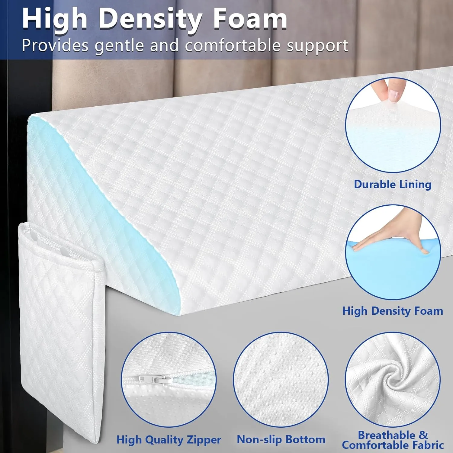 Kayfia Queen Size Bed Wedge Pillow for Headboard Bed Gap Filler with Pocket Close Gap (0-8") Prevent Pillow Loss Triangle Foam Mattress Filler for Gap Between Wall and Mattress (White, 60"x10"x6")