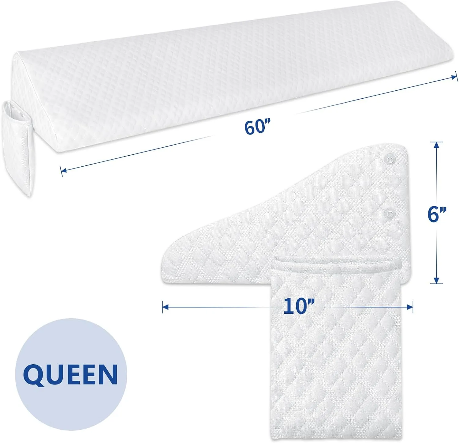 Kayfia Queen Size Bed Wedge Pillow for Headboard Bed Gap Filler with Pocket Close Gap (0-8") Prevent Pillow Loss Triangle Foam Mattress Filler for Gap Between Wall and Mattress (White, 60"x10"x6")