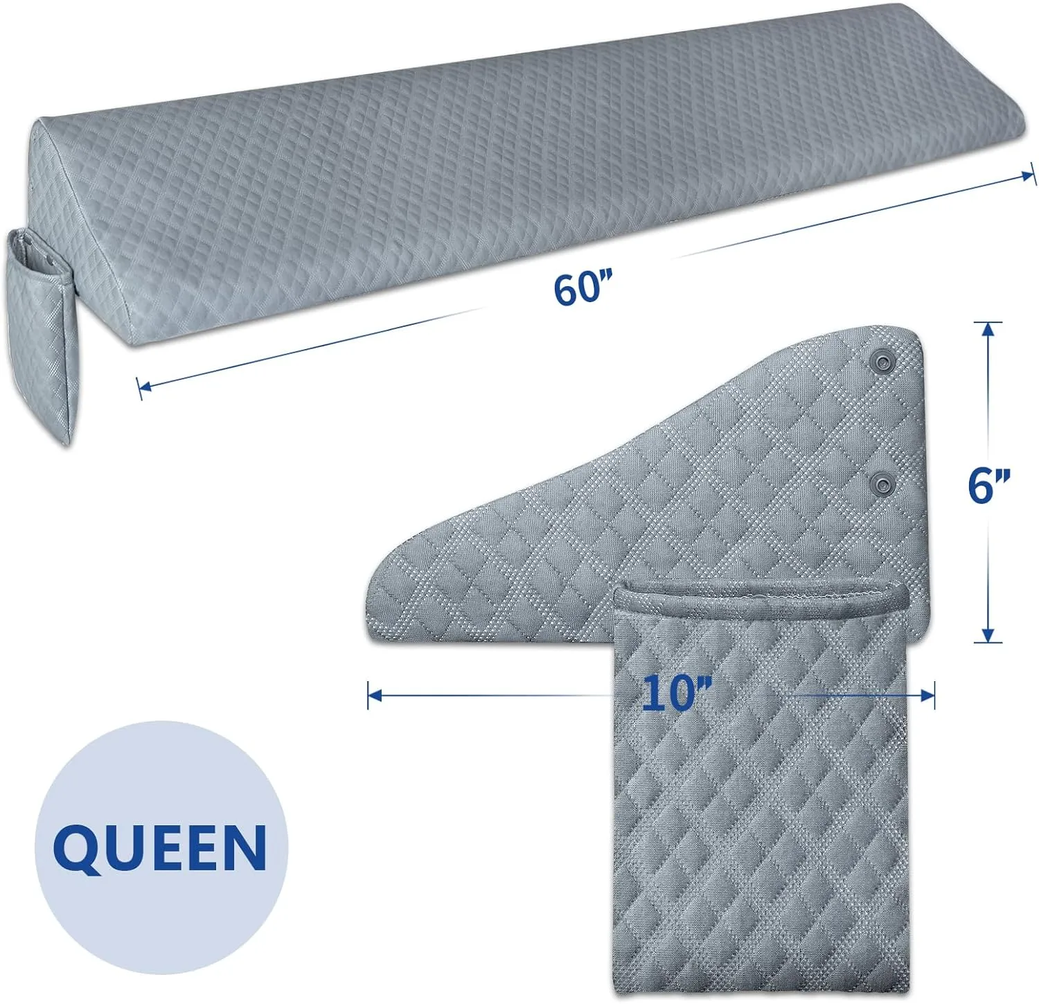 Kayfia Queen Size Pillow Wedge for Headboard Gap Bed Gap Filller (0-8") Mattress Space Filler Pillow Stopper with 2 Side Pocket Triangle Foam Pillow Wedge Between Headboard Mattress(Grey, 60"x10"x6")