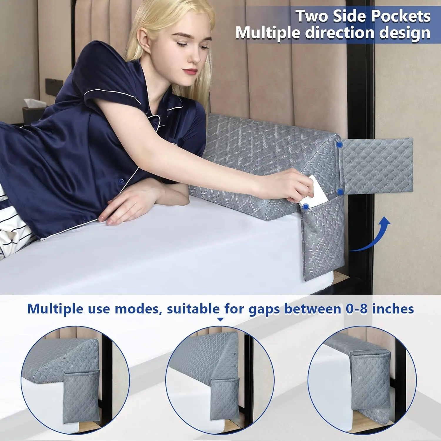 Kayfia Twin Size Pillow Wedge for Headboard Gap Bed Gap Filller (0-8") Mattress Space Filler Pillow Stopper with 2 Side Pocket Triangle Foam Pillow Wedge Between Headboard Mattress (Grey, 39"x10"x6")