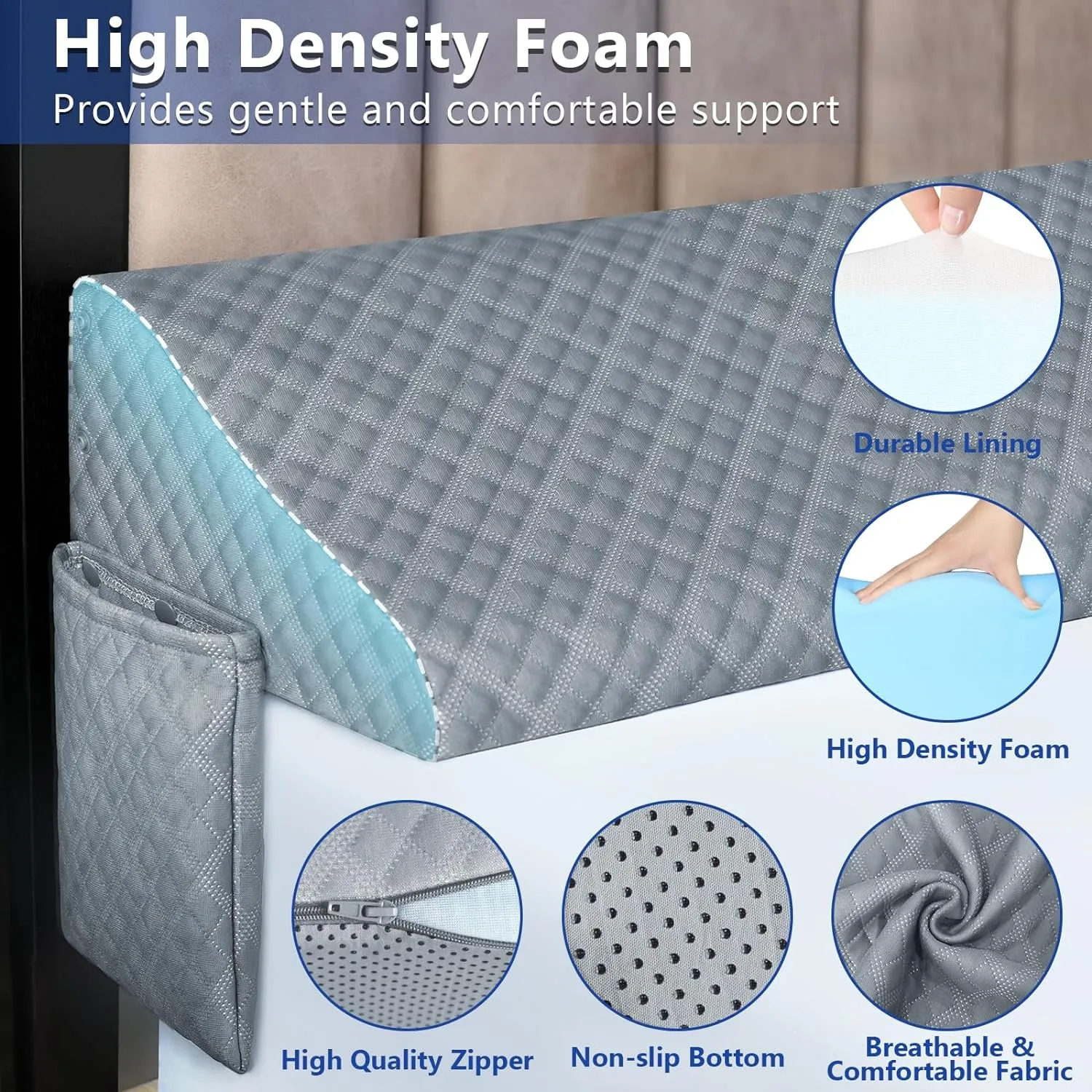 Kayfia Twin Size Pillow Wedge for Headboard Gap Bed Gap Filller (0-8") Mattress Space Filler Pillow Stopper with 2 Side Pocket Triangle Foam Pillow Wedge Between Headboard Mattress (Grey, 39"x10"x6")