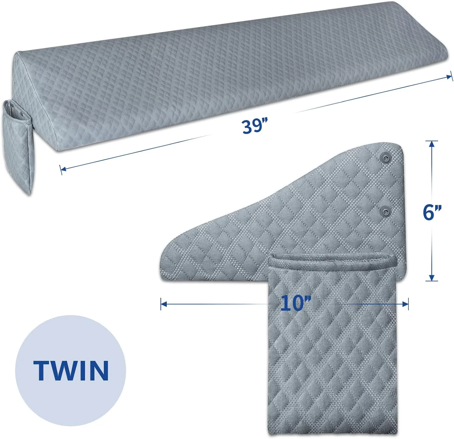 Kayfia Twin Size Pillow Wedge for Headboard Gap Bed Gap Filller (0-8") Mattress Space Filler Pillow Stopper with 2 Side Pocket Triangle Foam Pillow Wedge Between Headboard Mattress (Grey, 39"x10"x6")