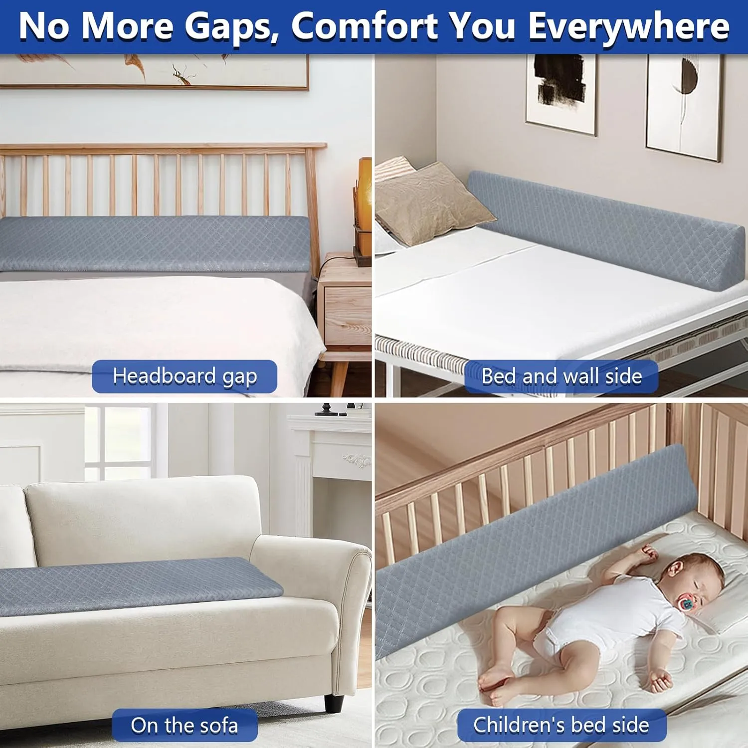 Kayfia Twin Size Pillow Wedge for Headboard Gap Bed Gap Filller (0-8") Mattress Space Filler Pillow Stopper with 2 Side Pocket Triangle Foam Pillow Wedge Between Headboard Mattress (Grey, 39"x10"x6")