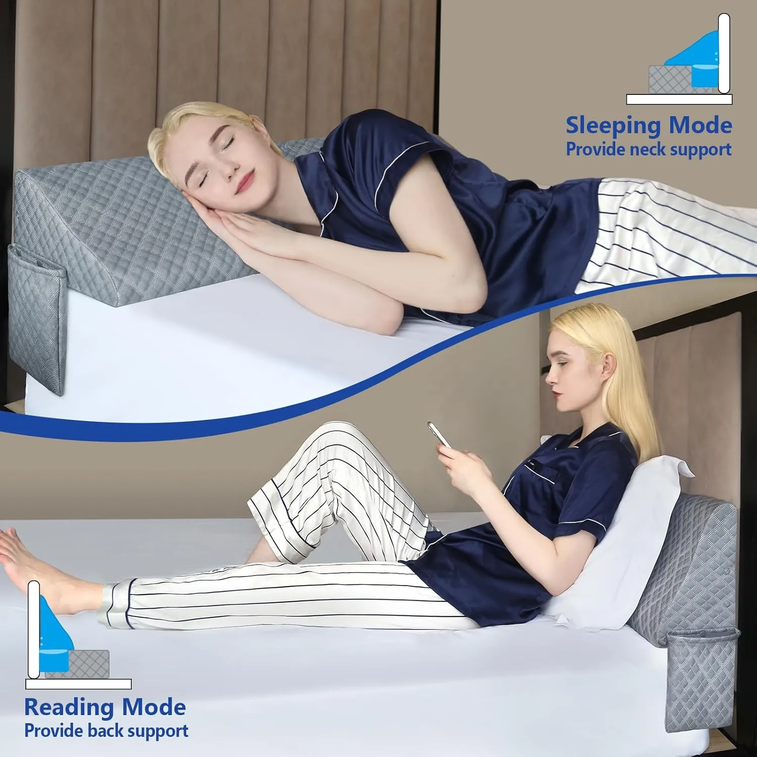 Kayfia Twin Size Pillow Wedge for Headboard Gap Bed Gap Filller (0-8") Mattress Space Filler Pillow Stopper with 2 Side Pocket Triangle Foam Pillow Wedge Between Headboard Mattress (Grey, 39"x10"x6")