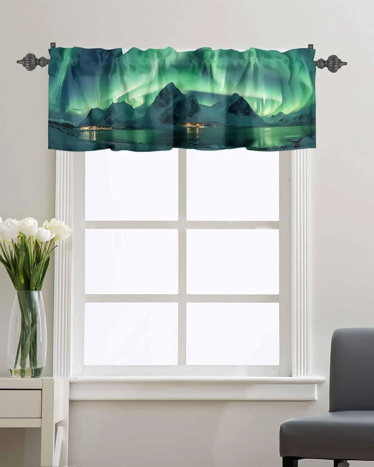 Kitchen Valance Curtain for Small Windows, Winter Polar Ice Islands Ocean Scenery Green Rod Pocket Drape Valances for Windows for Bedroom Living Room Bathroom 60" X 18"