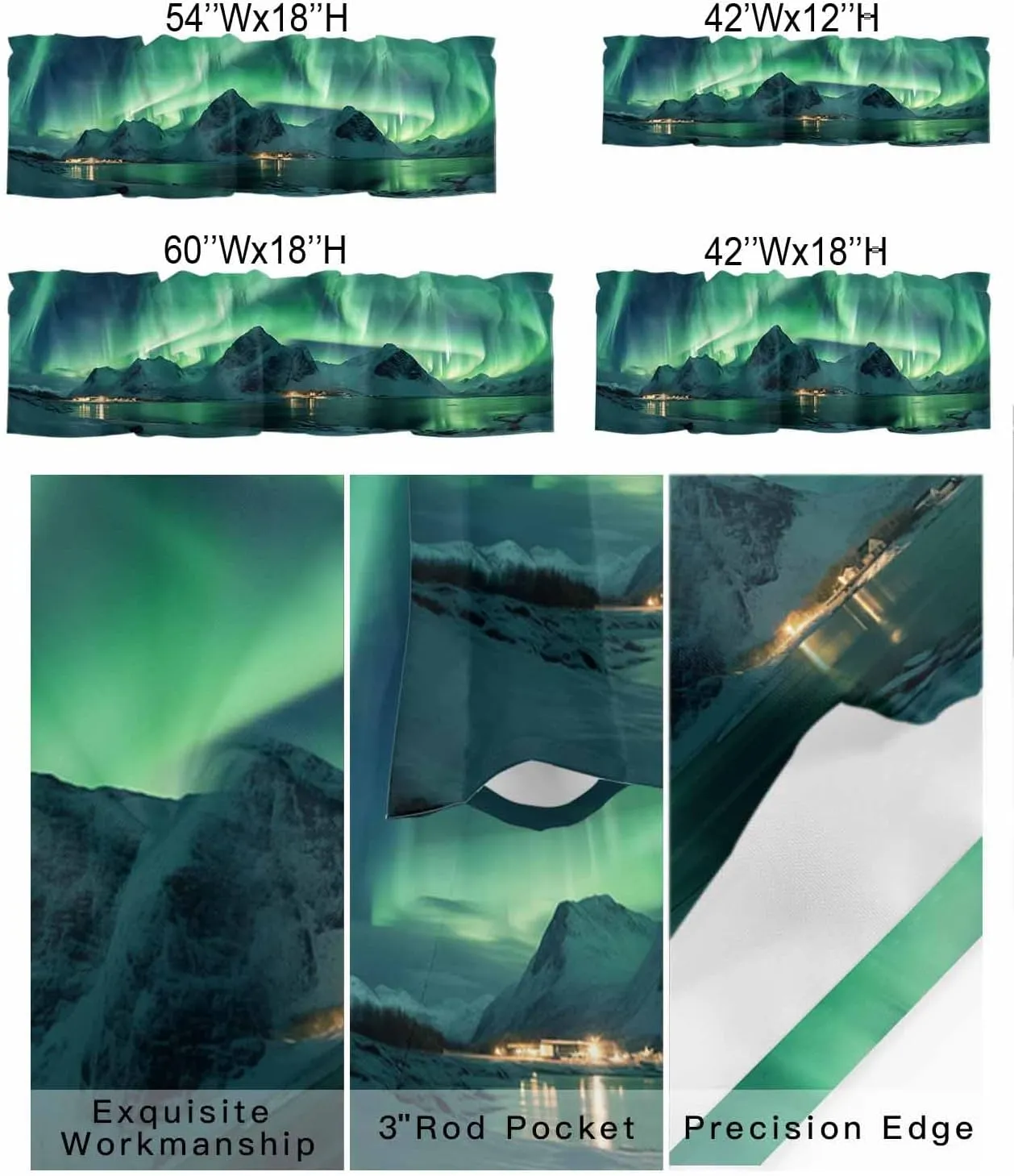 Kitchen Valance Curtain for Small Windows, Winter Polar Ice Islands Ocean Scenery Green Rod Pocket Drape Valances for Windows for Bedroom Living Room Bathroom 60" X 18"