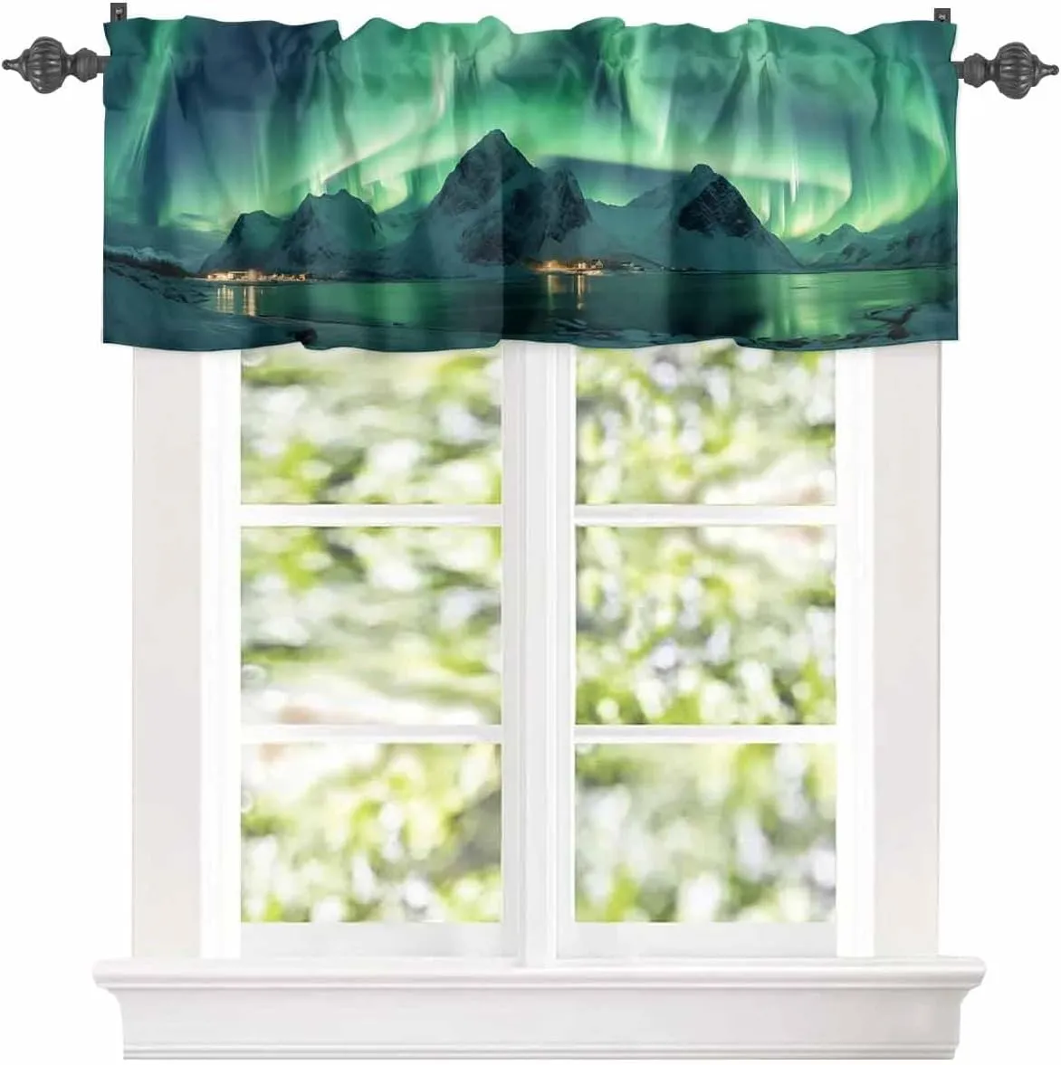 Kitchen Valance Curtain for Small Windows, Winter Polar Ice Islands Ocean Scenery Green Rod Pocket Drape Valances for Windows for Bedroom Living Room Bathroom 60" X 18"