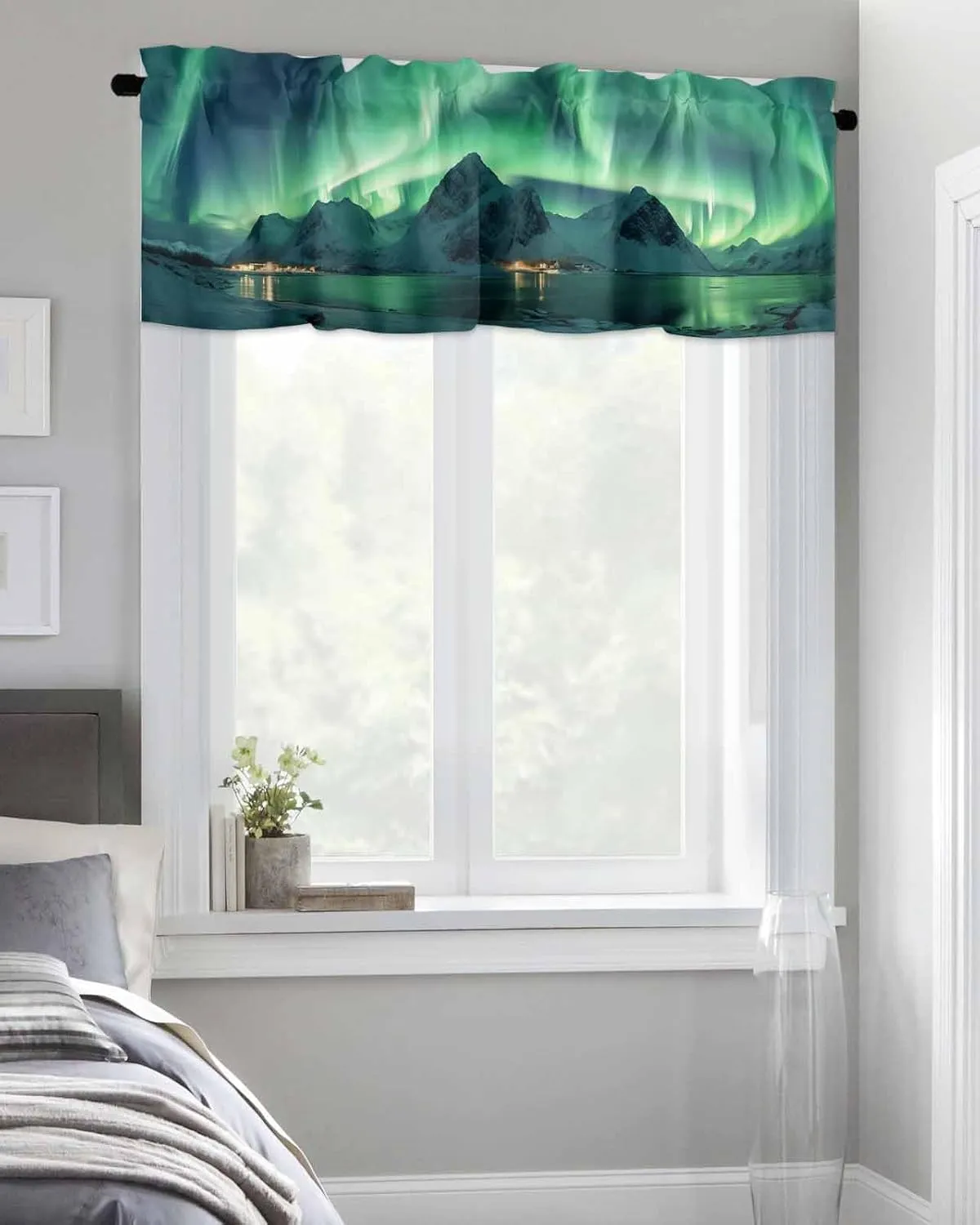 Kitchen Valance Curtain for Small Windows, Winter Polar Ice Islands Ocean Scenery Green Rod Pocket Drape Valances for Windows for Bedroom Living Room Bathroom 60" X 18"