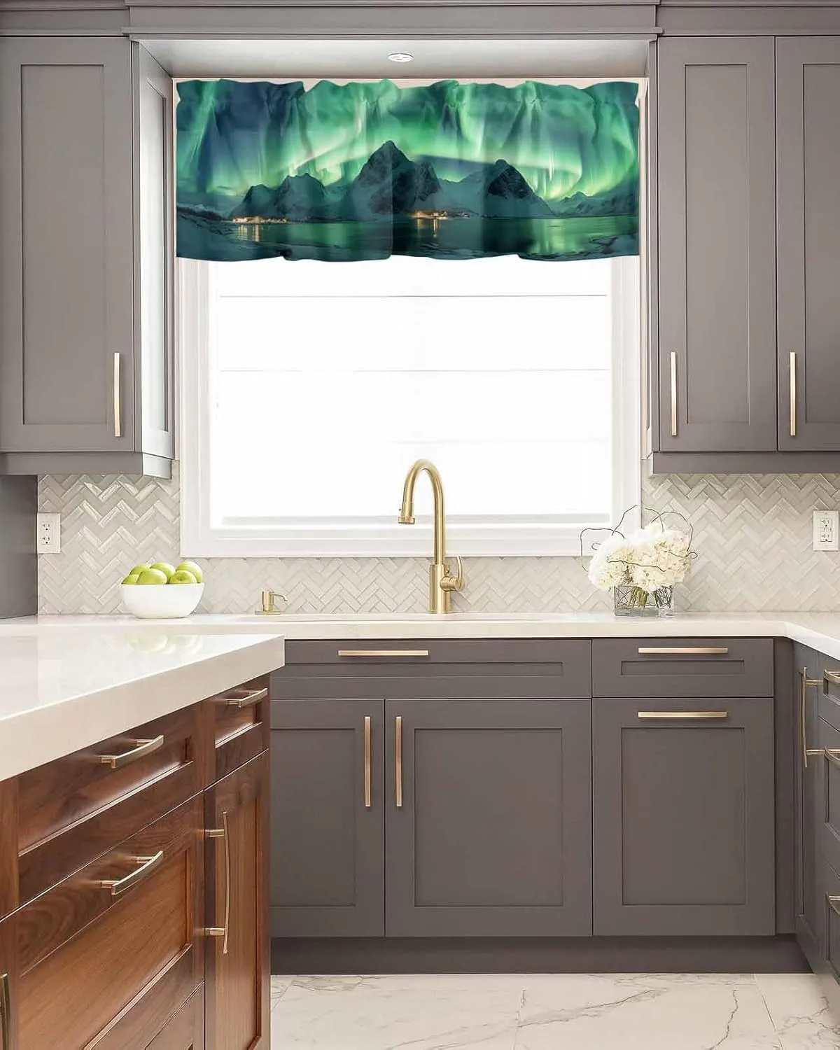 Kitchen Valance Curtain for Small Windows, Winter Polar Ice Islands Ocean Scenery Green Rod Pocket Drape Valances for Windows for Bedroom Living Room Bathroom 60" X 18"