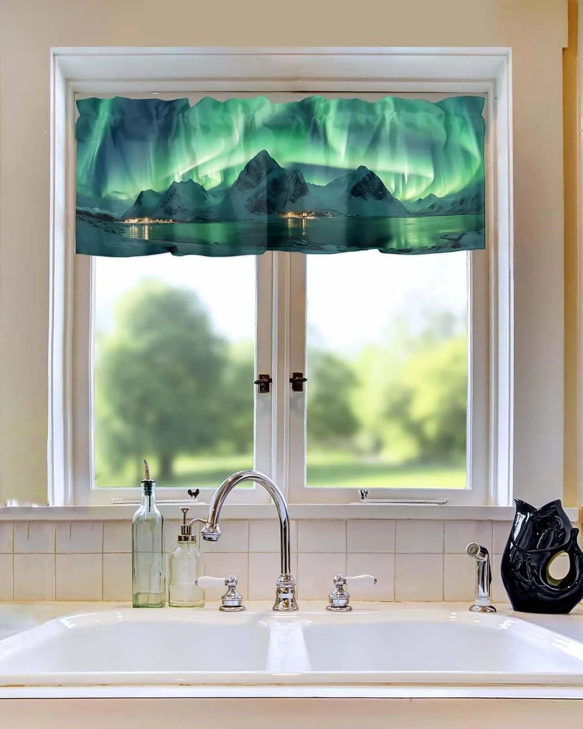 Kitchen Valance Curtain for Small Windows, Winter Polar Ice Islands Ocean Scenery Green Rod Pocket Drape Valances for Windows for Bedroom Living Room Bathroom 60" X 18"