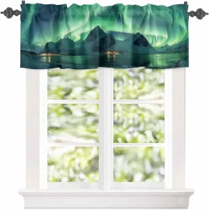 Kitchen Valance Curtain for Small Windows, Winter Polar Ice Islands Ocean Scenery Green Rod Pocket Drape Valances for Windows for Bedroom Living Room Bathroom 60" X 18"