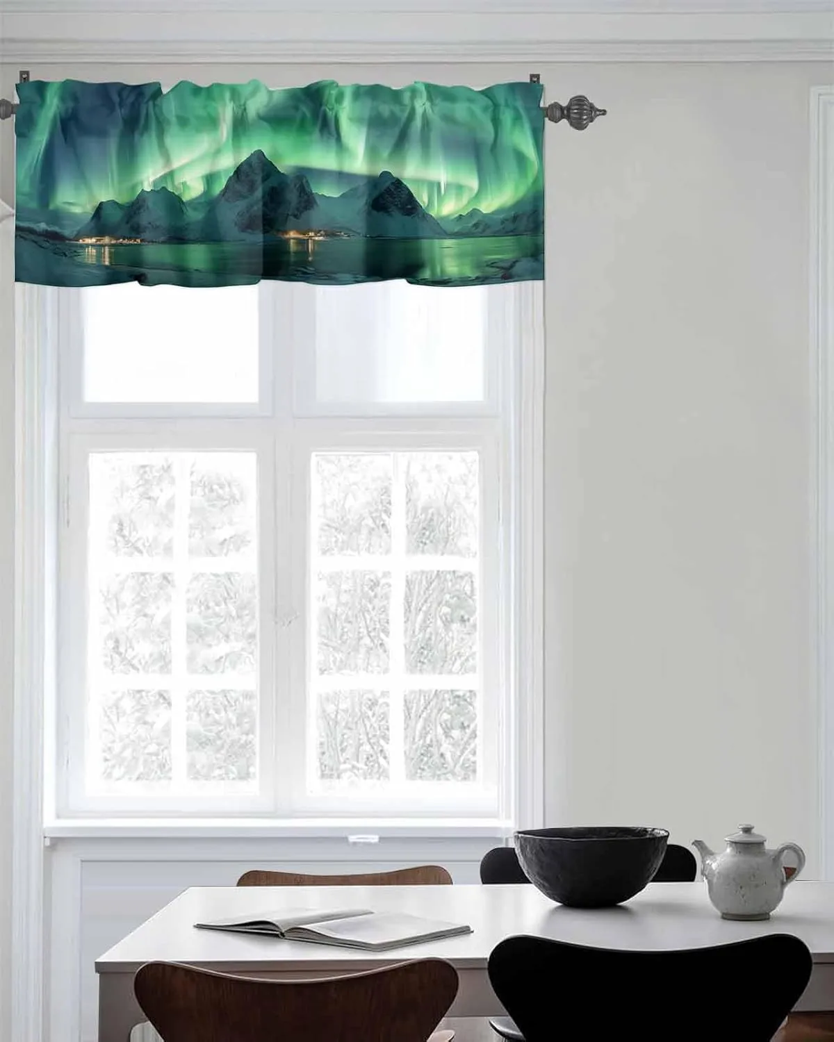 Kitchen Valance Curtain for Small Windows, Winter Polar Ice Islands Ocean Scenery Green Rod Pocket Drape Valances for Windows for Bedroom Living Room Bathroom 60" X 18"