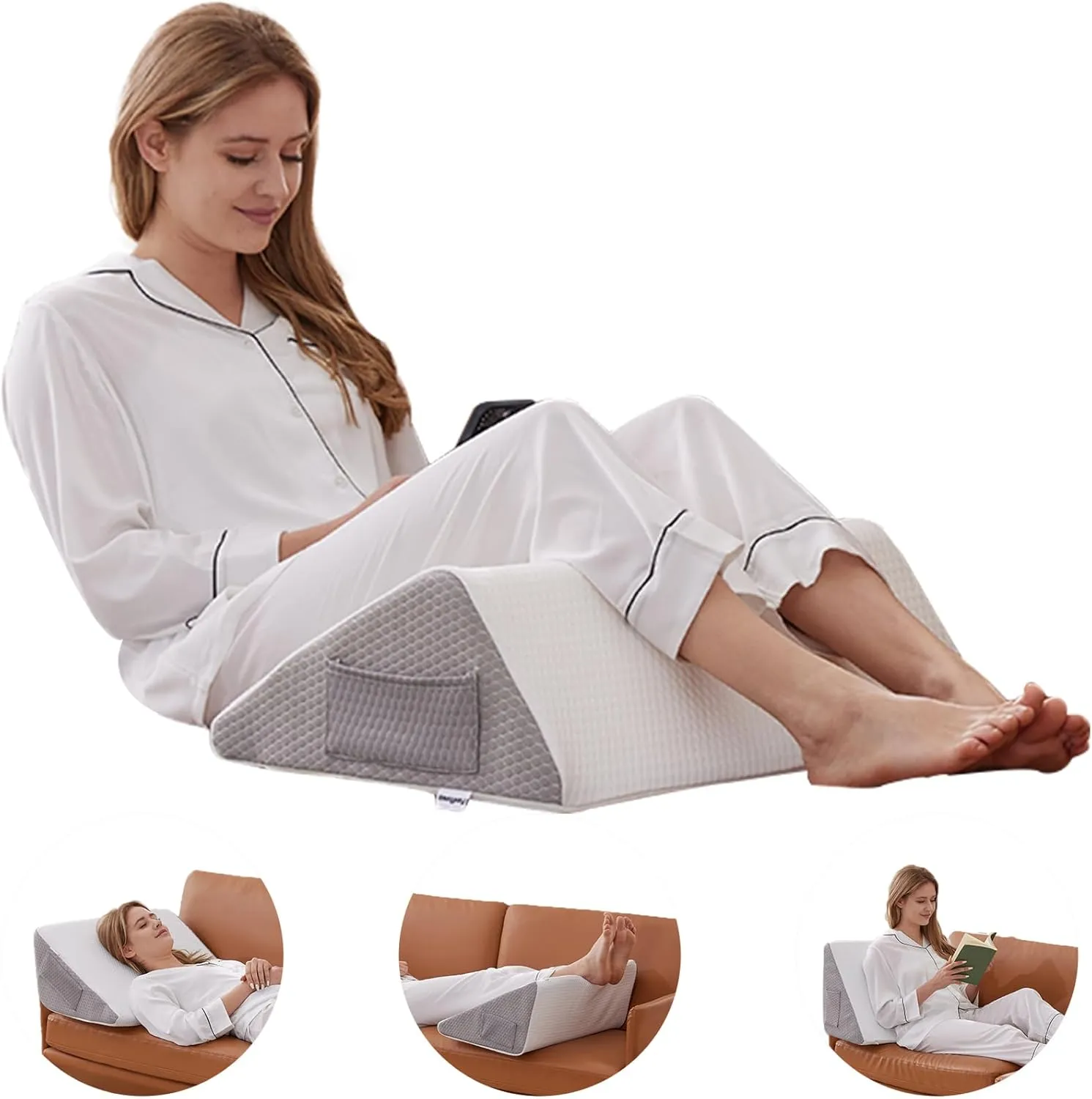 Knee Pillow for Back Sleeping, Leg Pillow Knee Wedge Pillow, Memory Foam Wedge Pillows for Legs Post Surgery, Triangle Pillow for Knee Support, Leg Elevation, Knees Hip Back Pain Relief, White