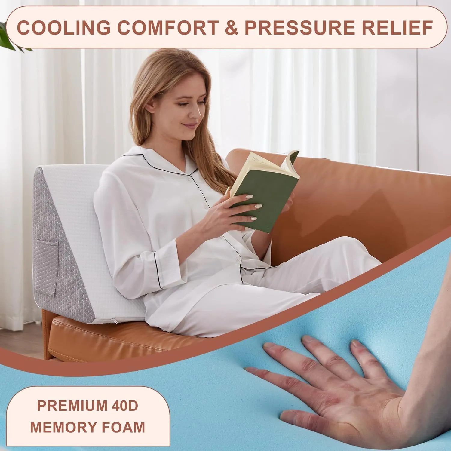 Knee Pillow for Back Sleeping, Leg Pillow Knee Wedge Pillow, Memory Foam Wedge Pillows for Legs Post Surgery, Triangle Pillow for Knee Support, Leg Elevation, Knees Hip Back Pain Relief, White