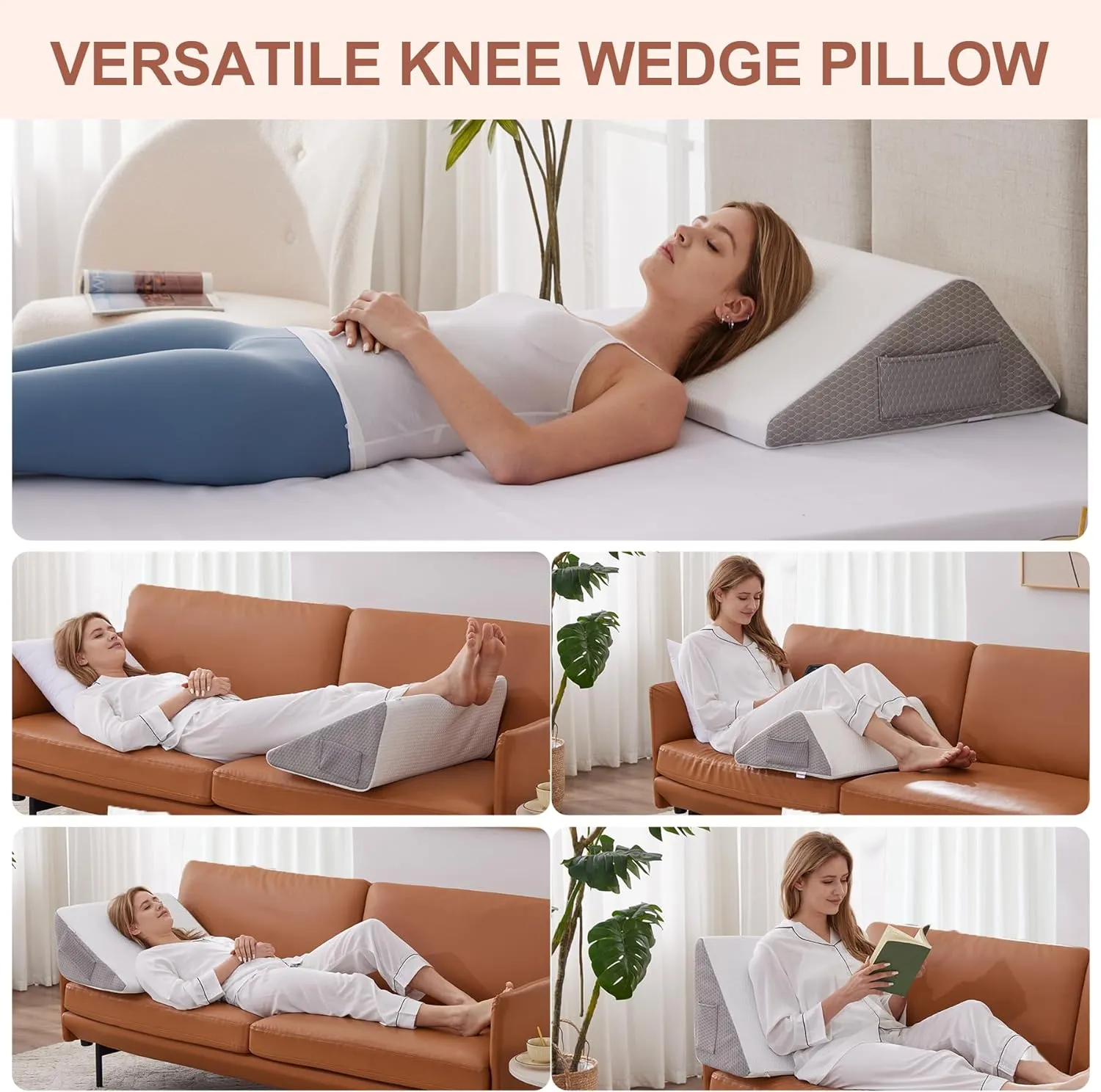 Knee Pillow for Back Sleeping, Leg Pillow Knee Wedge Pillow, Memory Foam Wedge Pillows for Legs Post Surgery, Triangle Pillow for Knee Support, Leg Elevation, Knees Hip Back Pain Relief, White